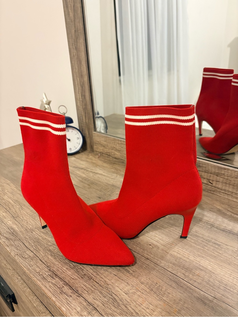 Macy's Red Knit Sock Ankle Boots with White Stripe